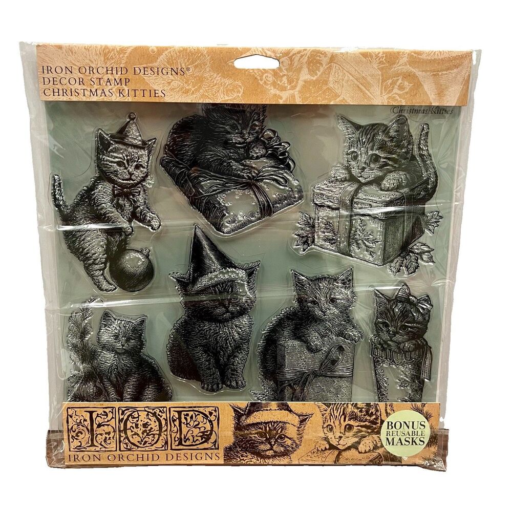 IOD Christmas Kitties Decor Cling Stamp Set Iron Orchid Designs NEW-Limited Rel